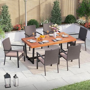Black 7-Piece Metal Patio Wood Outdoor Dining Set with Rectangular Table and Rattan Chair with Beige Cushion