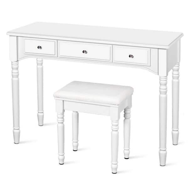 FORCLOVER 7-Drawer White Makeup Dressing Table with Tri-Folding Mirror and Cushioned Stool