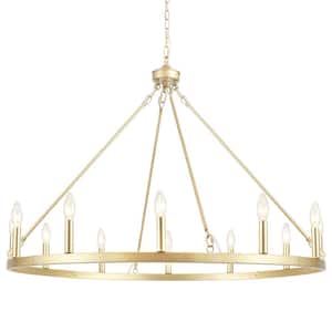 Moomal 12-Light Spray Gold Farmhouse Candle Dimmable Wagon Wheel Chandelier for Living Room Kitchen Island Dining Foyer