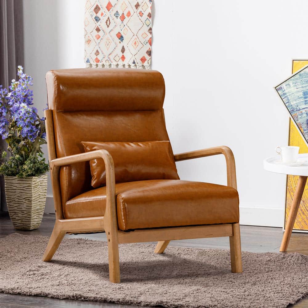 Camel Faux Leather Barrel Accent Chair with Wood Frame
