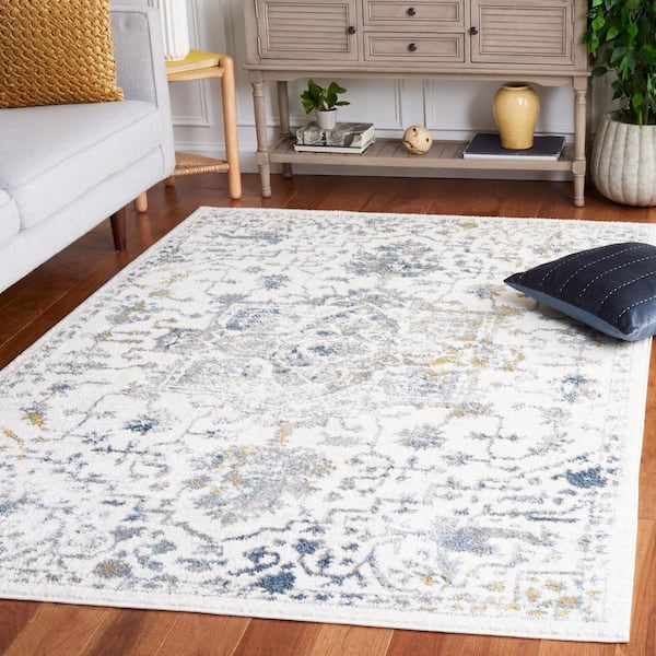 Layla 5 ft. x 8 ft. Ivory Gray/Blue Distressed Ornate Area Rug