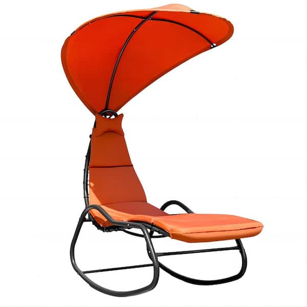 Clihome Ergonomic Outdoor Lounge Chair Chaise Lounge Swing with Wide Canopy Sunshade and Soft Orange Cushion