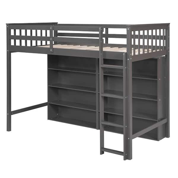 Nestfair Gary Twin Size Wood Loft Bed with 8 Open Storage Shelves