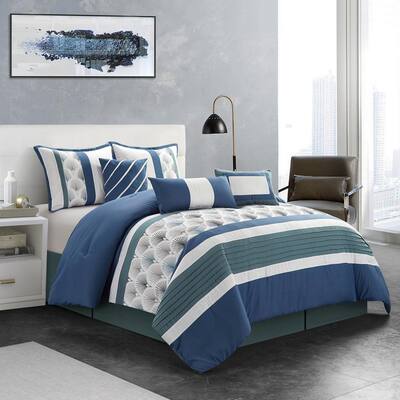 7-Piece Blue Patchwork Polyester Queen Comforter Set Luxury Bed in a Bag
