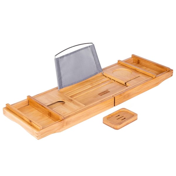 Bamboo Bathtub Tray Bath Tub Caddy with Expandable Handles Wine Glass Phone  Holder Book Stand for Bathroom White