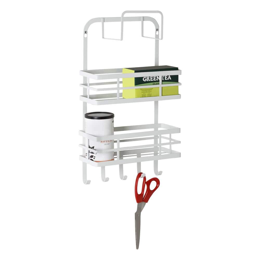 White Powder-Coated Metal Over-Cabinet Door Organizer with Hooks