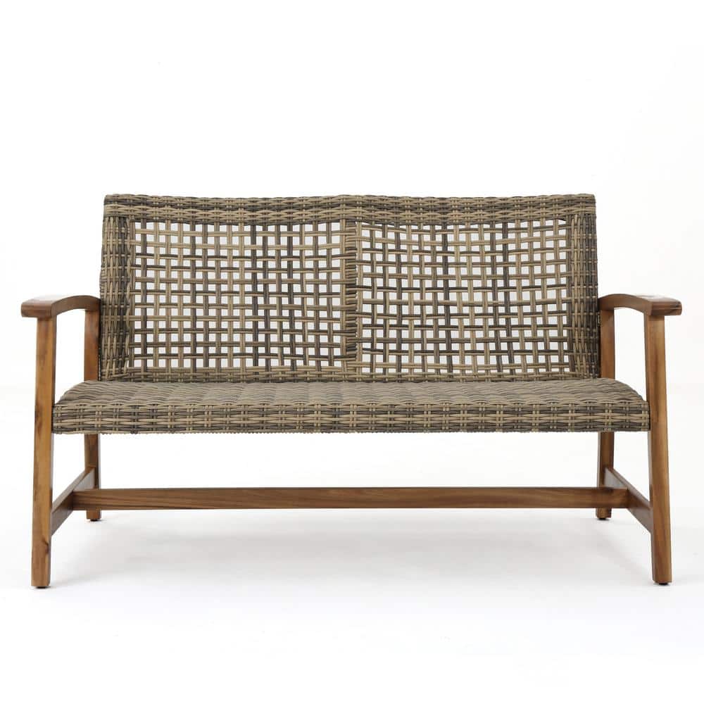 Natural Stained Wood and Wicker Outdoor Loveseat with Arms