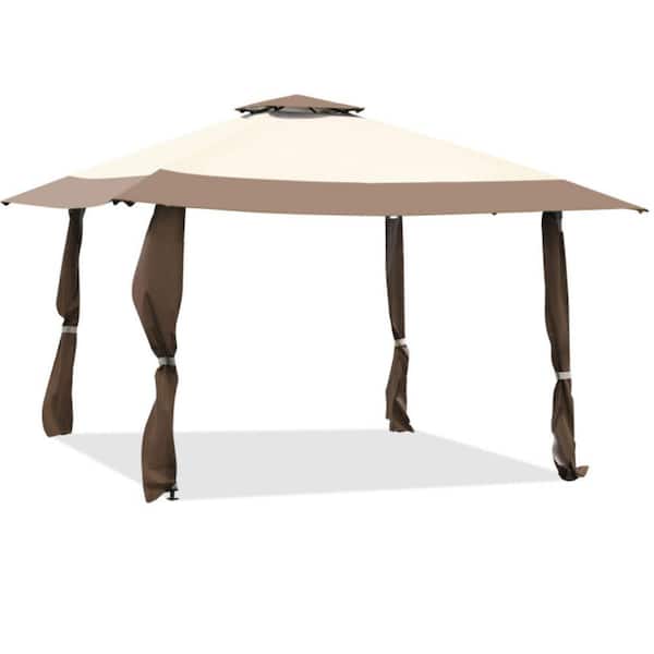 13 ft. x 13 ft. Pop Up Gazebo Tent Double-Tier Roof Canopy Tent in Brown with Carry Bag for Patio Garden