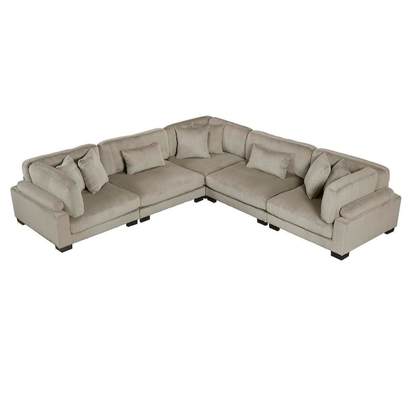 Turbo 135 in. Pillow Top Arm 5-Piece Corduroy Modular Sectional Sofa in Taupe