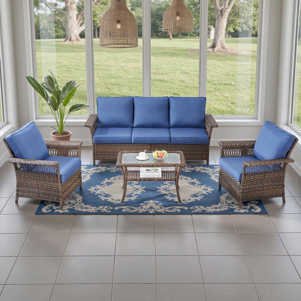 GliderNet Brown 4-Piece Wicker Patio Conversation Set with 3.5 in. Thick Navy Blue Cushions price history on PriceWatchPro