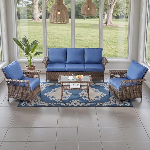 GliderNet Brown 4-Piece Wicker Patio Conversation Set with 3.5 in. Thick Navy Blue Cushions