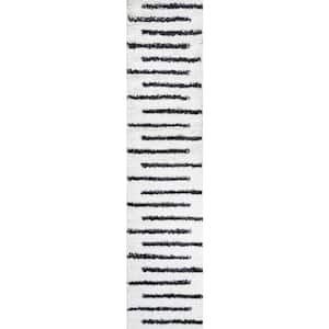 Alaro White/Black 2 ft. x 10 ft. Berber Stripe Shag Runner Rug