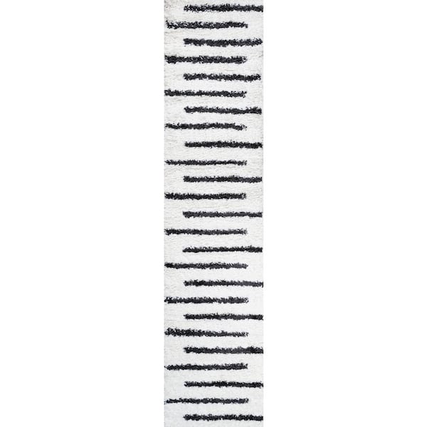 Alaro White/Black 2 ft. x 10 ft. Berber Stripe Shag Runner Rug