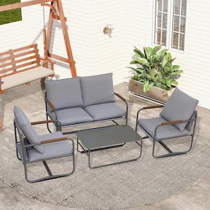 4-Piece Dark Gray Aluminum Outdoor Patio Sectional Sofa Set with Gray Cushions