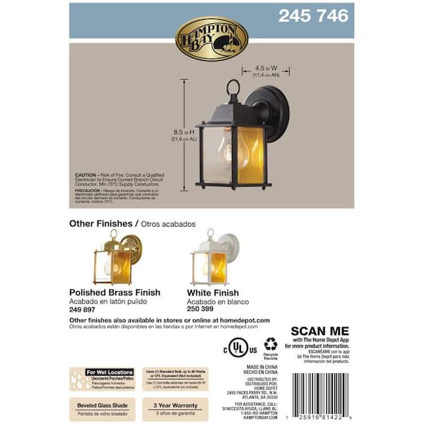 Hampton Bay 1-Light Black Outdoor Wall Lantern Sconce BPM1691-BLK