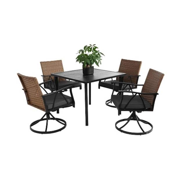 5-Piece Gray Metal Outdoor Dining Set with Gray Cushion, Swivel Rocker Chairs, Weather-Resistant Rattan & Steel Table