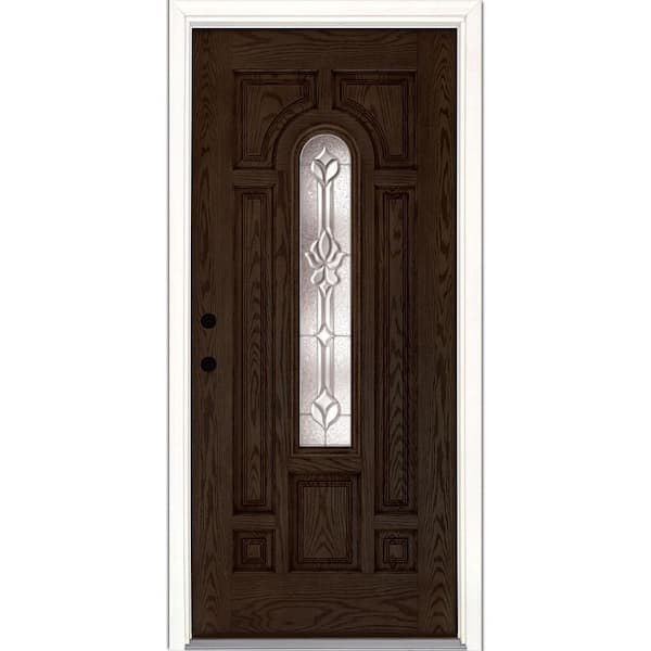 Feather River Doors 37.5 in. x 81.625 in. Medina Zinc Center Arch Lite Stained Walnut Oak Right-Hand Inswing Fiberglass Prehung Front Door
