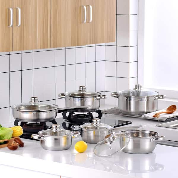 BergHOFF Belly Shape 18/10 Stainless Steel 12Pc Cookware Set, Glass Lids,  Fast, Evenly Heat, Induction Cooktop Ready