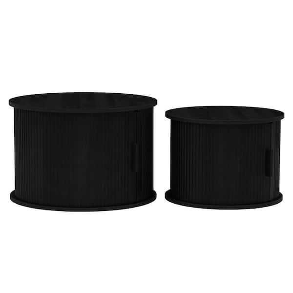 ATHMILE 23.62 in. Black Round Wood Storage Coffee Table with 2 Pieces