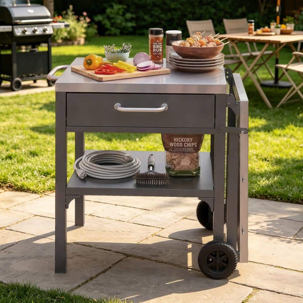 Foldable Outdoor Kitchen Cart, Patio BBQ Cart Grill Cart With Stainless Steel Top And Storage Space For Backyard price history on PriceWatchPro