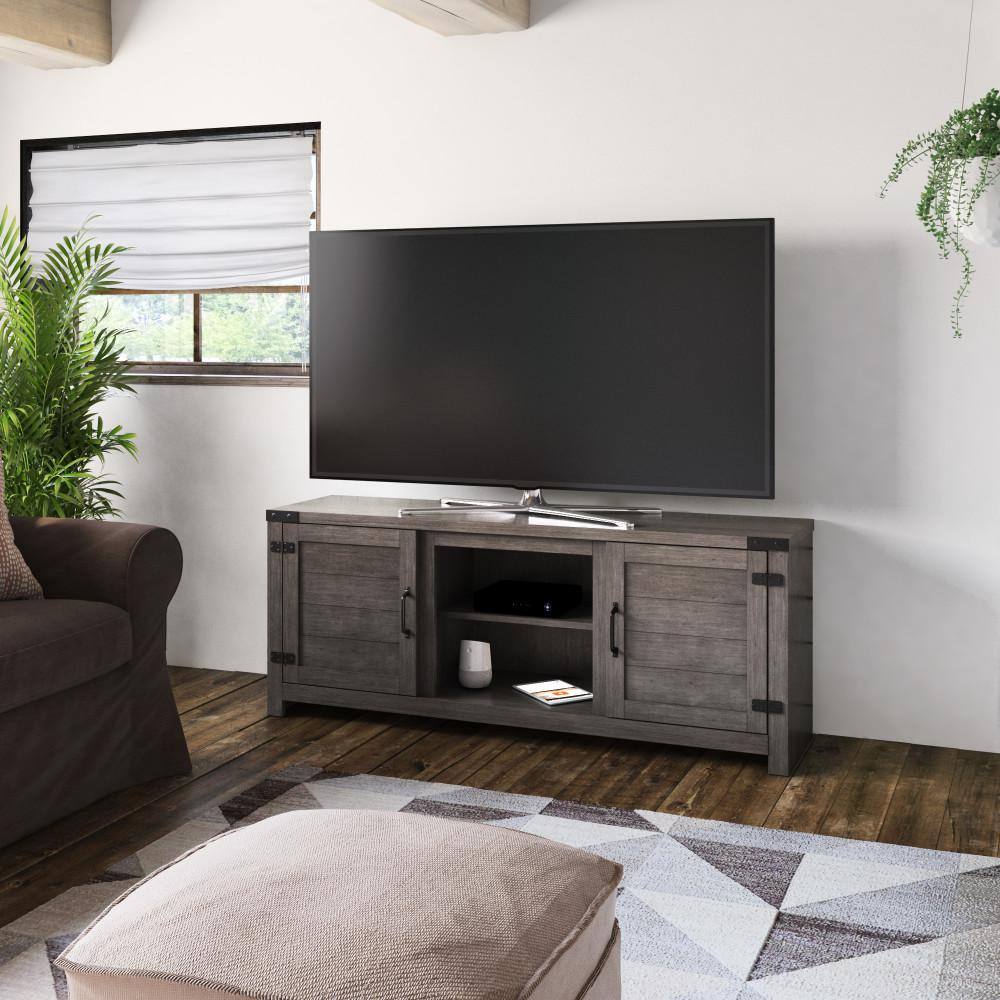 Weathered Gray 60" TV Stand with Planked Doors and Nail Head Details