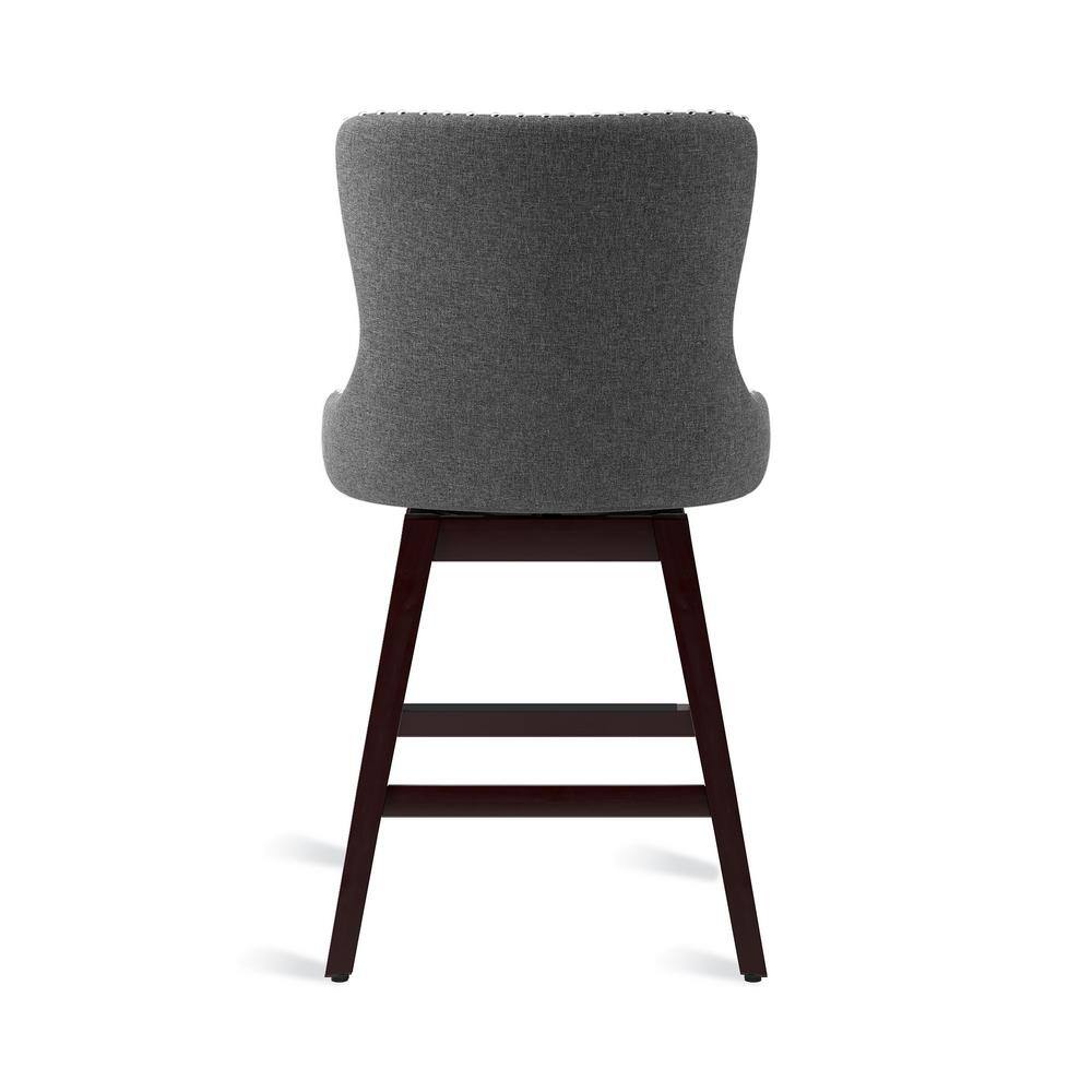 Gray Linen Fabric Upholstered Swivel Counter Stools with Solid Wood Frame, Set of 2