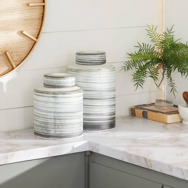 Litton Lane Gray Ceramic Striped Decorative Jars (Set of 2)