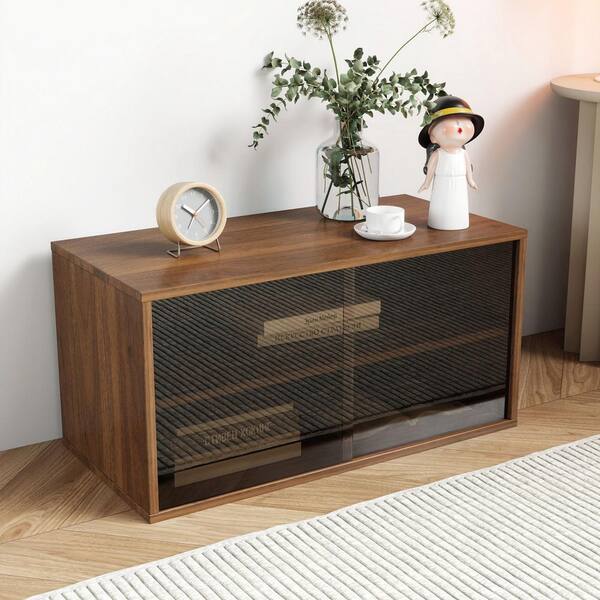 28.35 in. Stackable 2-Shelf Walnut Mount Storage Cabinet Spice Rack with 2-Glass Sliding Door for Home Organization