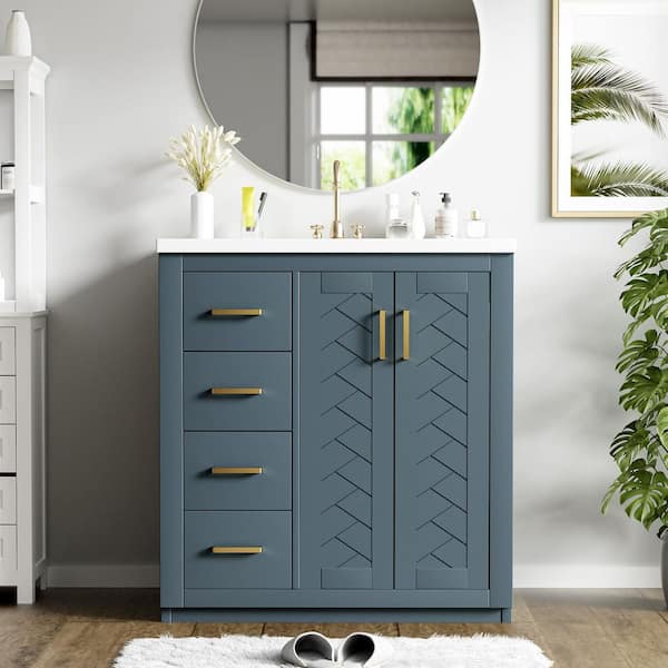 30 in. Single Sink Freestanding Blue Bath Vanity with White Ceramic Top, Amber Storage, Solid Wood Frame