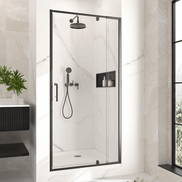 32 in.-36 in. W x 72 in. H Framed Pivot Shower Door in Black with Clear Glass