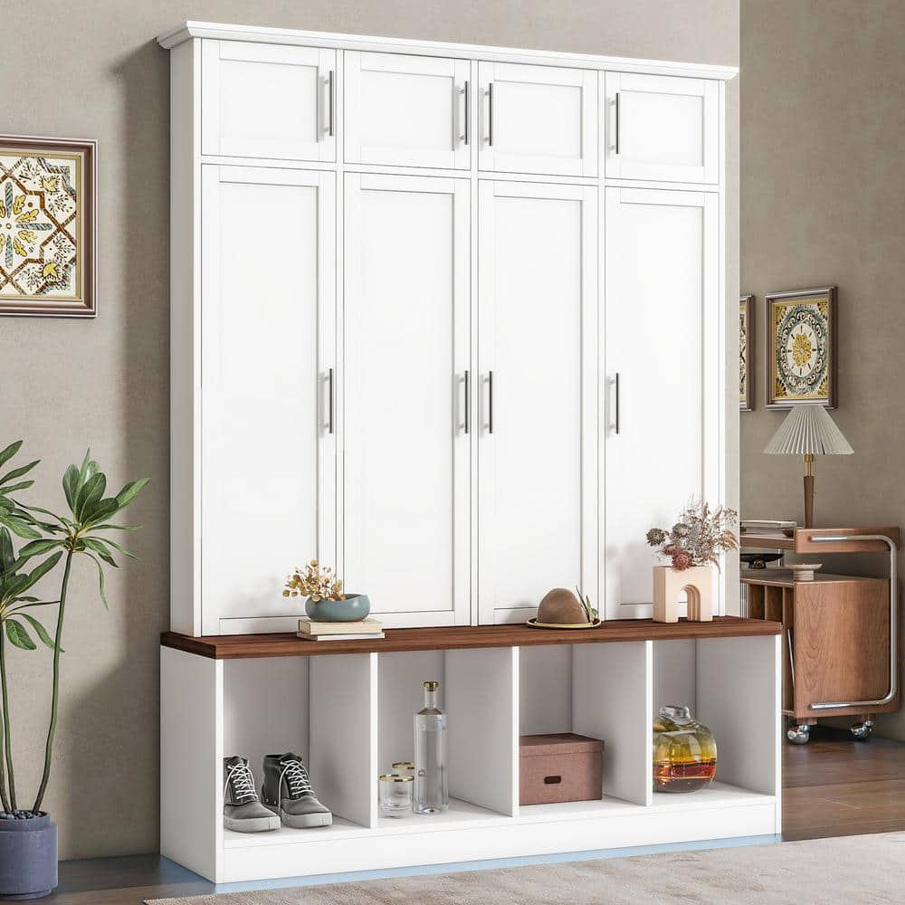 74.9 in. H White Freestanding Hall Tree with Brown Wood Grain Bench, 4 Hanging Hooks and Open Compartments