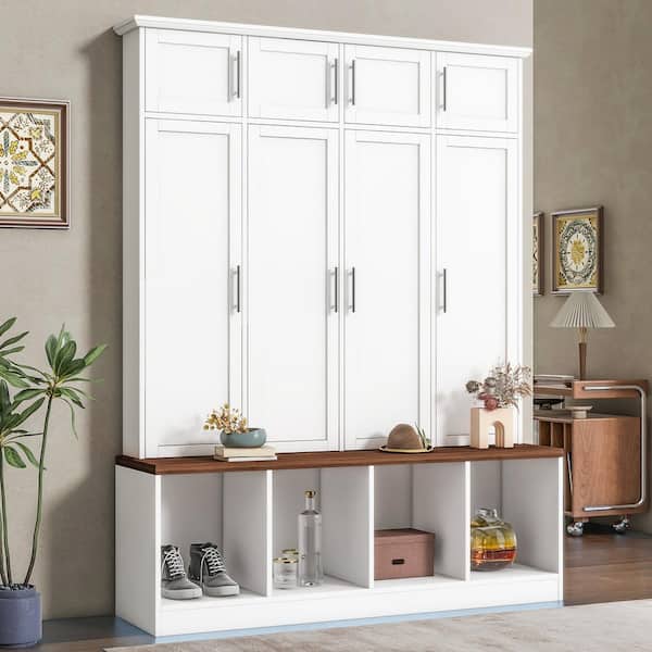 Nestfair 74.9 in. H White Freestanding Hall Tree with Brown Wood Grain Bench, 4 Hanging Hooks and Open Compartment