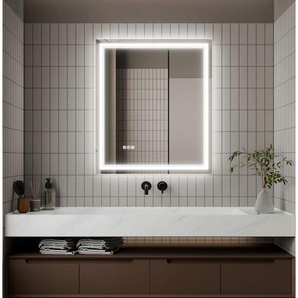 EAKYHOM 30 in. W x 36 in. H Rectangular Frameless Anti-Fog Wall Dimmable Backlit Dual LED Bathroom Vanity Mirror in Silver