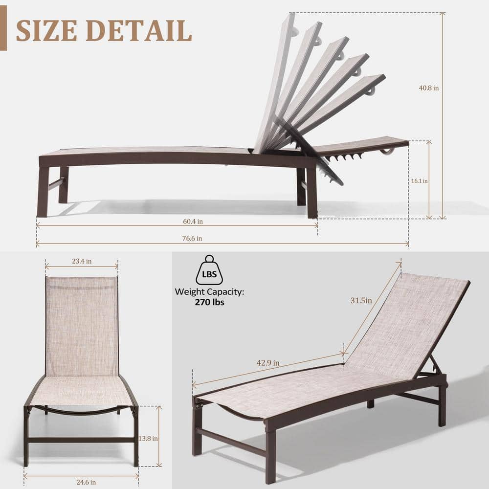 Beige Aluminum Adjustable Outdoor Chaise Lounge with Textilene Fabric