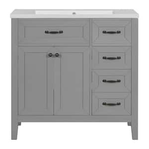 35.98 in. W x 18.03 in. D x 35.98 in. H Freestanding Bath Vanity in Gray with White Ceramic Top Basin and Single Sink