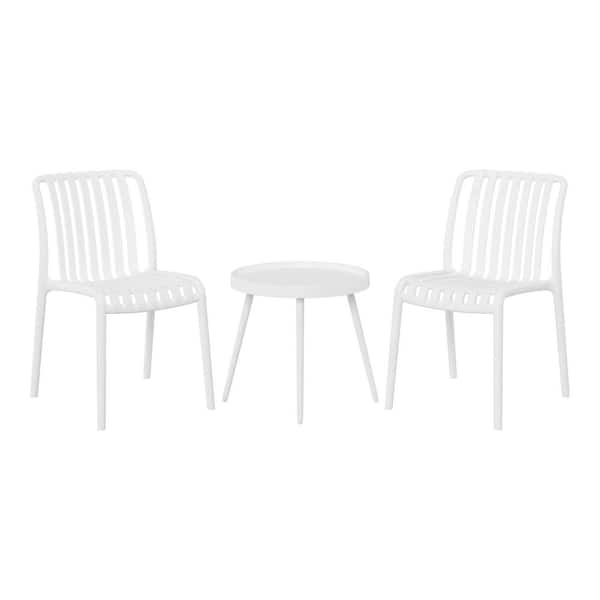 WESTIN OUTDOOR Frond and Form Outdoor Patio 3-Piece Poly Plastic Armless Chair with Round Side Table Bistro Set, White