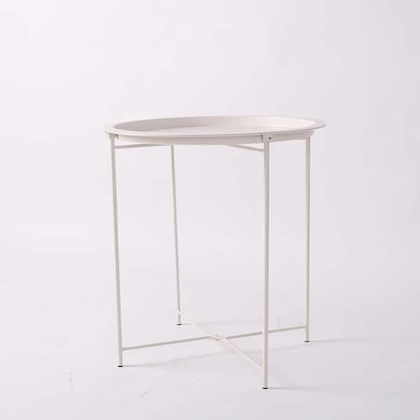 Tatayosi Folding Tray Metal Outdoor Side Table, Sofa Table Small Round End Tables, Coffee Table in White