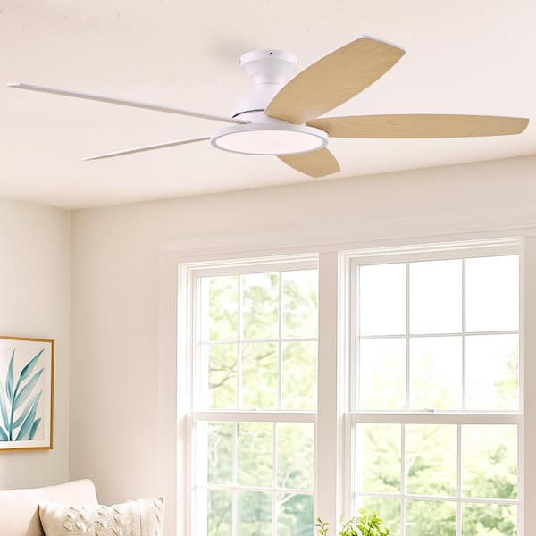 52 in. White Low Profile Flush Mount Modern Standard Ceiling Fan with 3CCT Integrated LED Light and Remote
