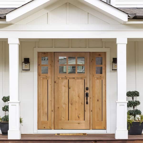 64 in. x 80 in. Craftsman Knotty Alder Clear 6-Lite Clear Stain Wood w.DS Left Hand Single Prehung Front Door/Sidelites