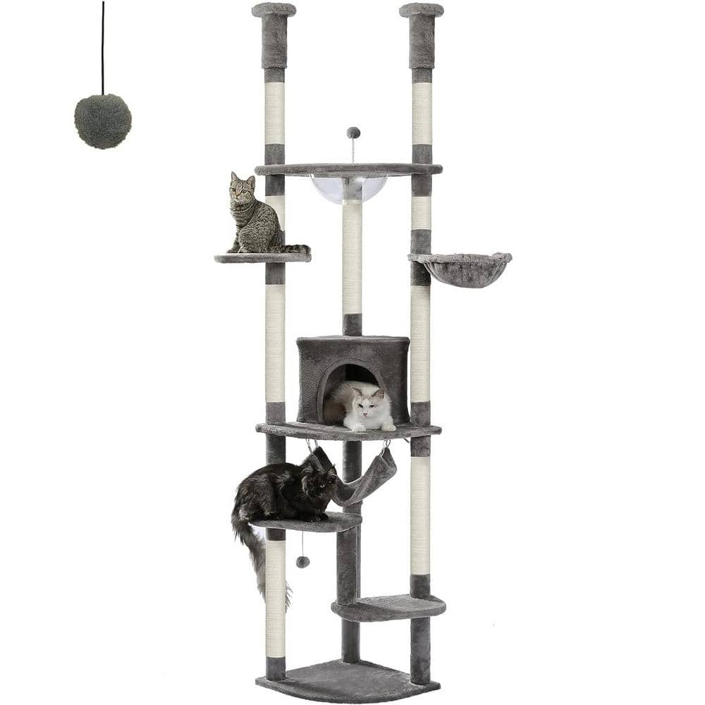 Gray Height Adjustable Floor to Ceiling Cat Tree with Sisal Posts