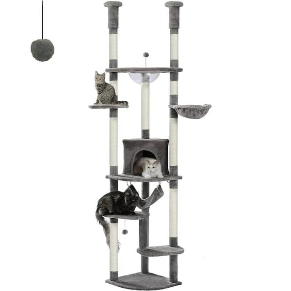 ATENGNES 92.9''-101.6'' Gray Height Adjustable Floor to Ceiling Cat Tower Tree Tall Kitty Climbing Play House
