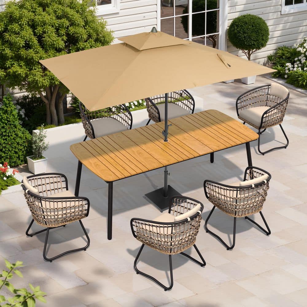 9-Piece 82 in. Brown Rectangle Curved Aluminum Wood-Like Patio Outdoor Dining Set with Umbrella, Base and Beige Cushions