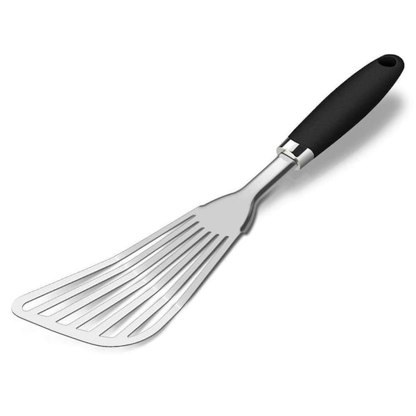 Black 304 Stainless Steel Slotted Fish Spatula Non-Slip Ergonomic Handle Flexible Head Kitchen Tool