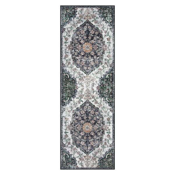 Garvee Vintage Printed Rug Low Pile Non-Slip Thin Carpet Living Room Decorative Carpet for Bedroom Kitchen Black，2X6ft