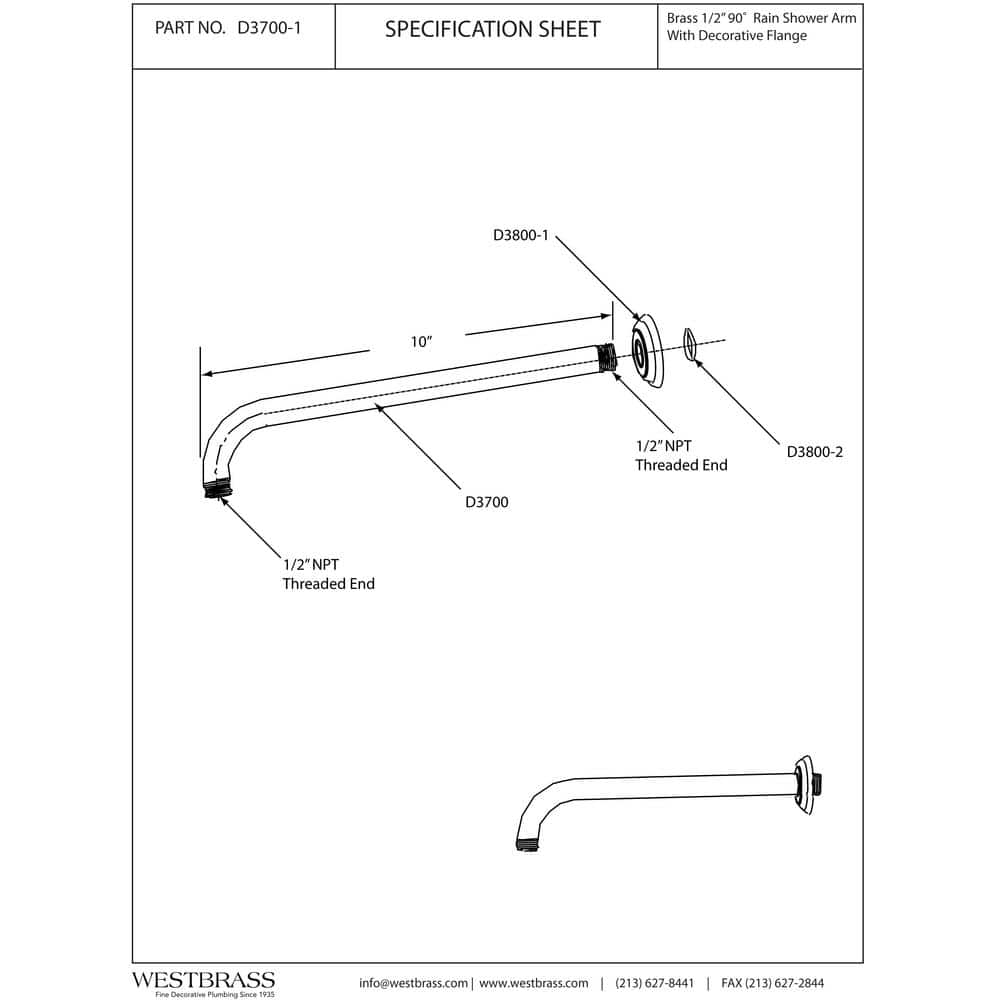 Polished Chrome 10" Wall Mounted Shower Arm with Flange