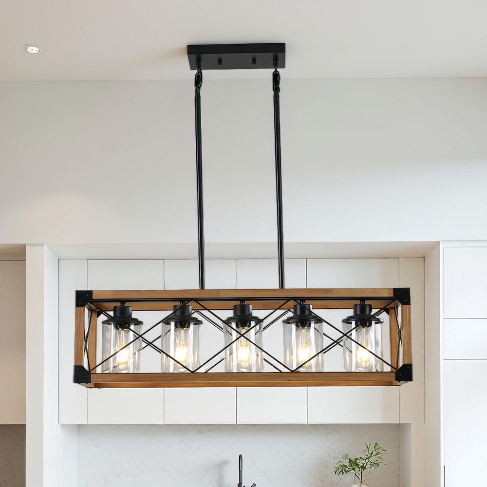32 in. 5-Light Cage Walnut Rustic Linear Chandelier for Kitchen Island with No Bulbs Included price history on PriceWatchPro