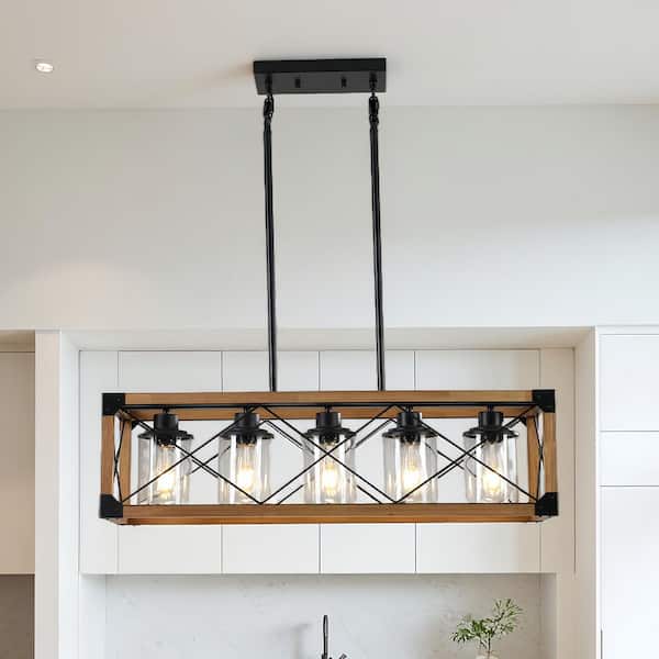 32 in. 5-Light Cage Walnut Rustic Linear Chandelier for Kitchen Island with No Bulbs Included
