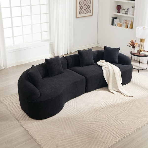 Harlan 110 in. Round Arm Chenille Upholstery Curved Compression Sofa in Black