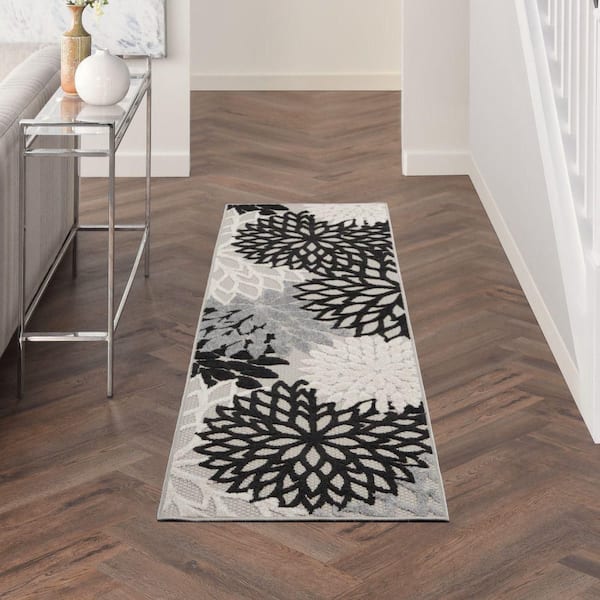 Aloha Black White 2 ft. x 8 ft. Kitchen Runner Floral Contemporary Indoor/Outdoor Patio Area Rug