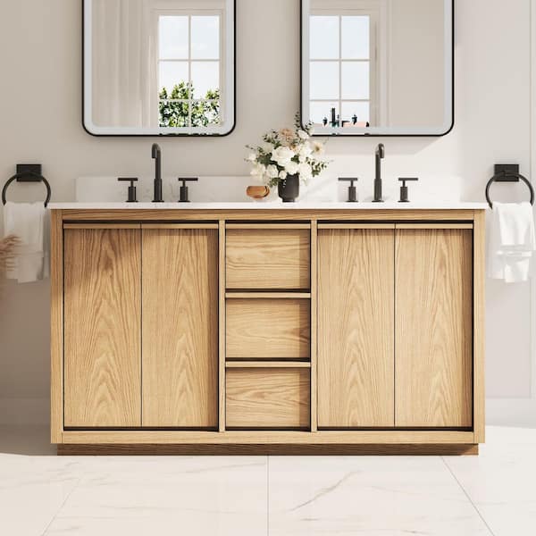 Oakland 60 in. Fully Assembled Freestanding Oak Solid Wood Bath Vanity with White Quartz Top, Soft-Close, Backsplash
